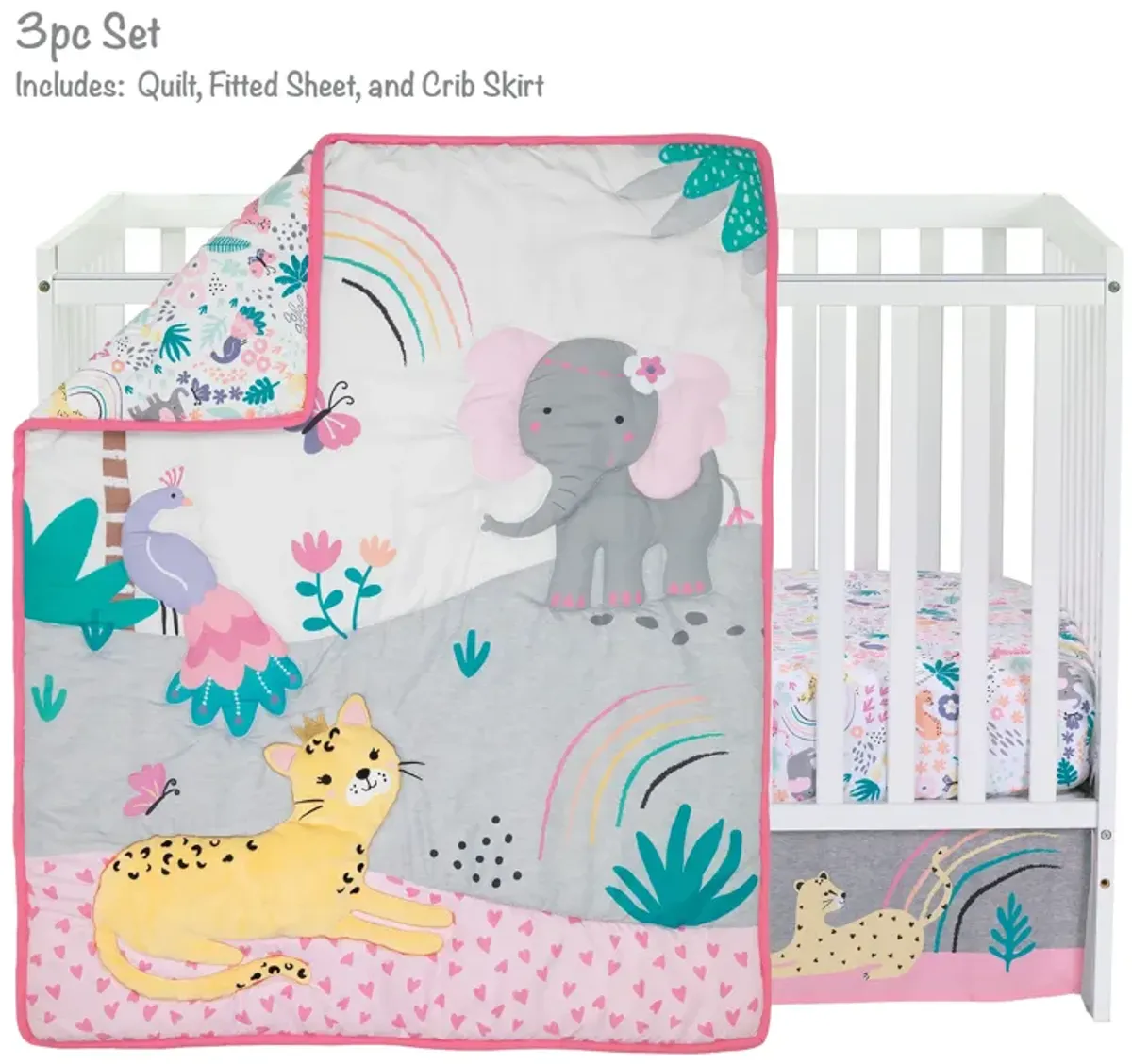 Bedtime Originals Rainbow Jungle Elephant/Leopard 3-Piece Baby Crib Bedding Set