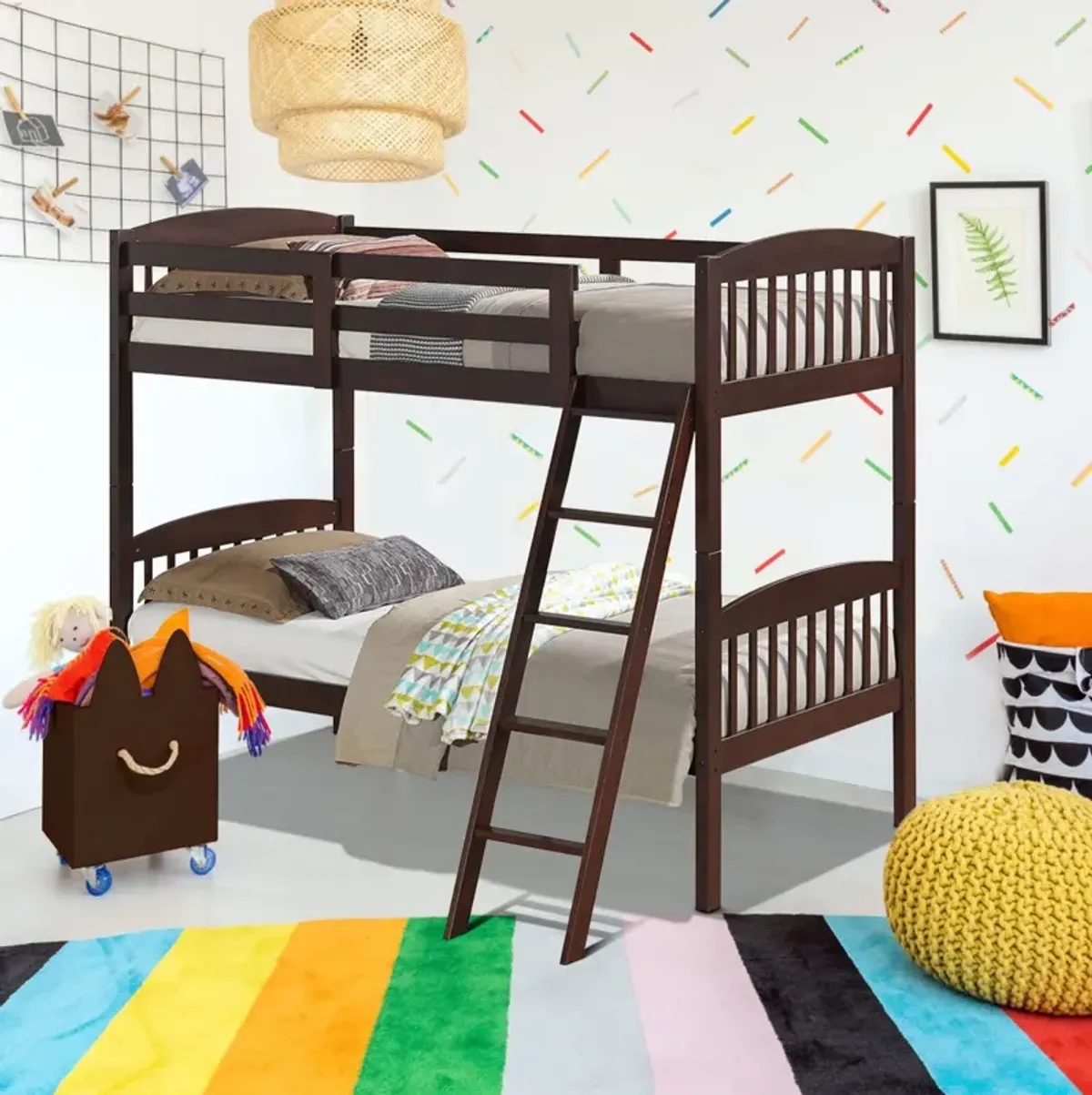 Hardwood Twin Bunk Bed Frames with Inclined Ladder and Safety Guardrails