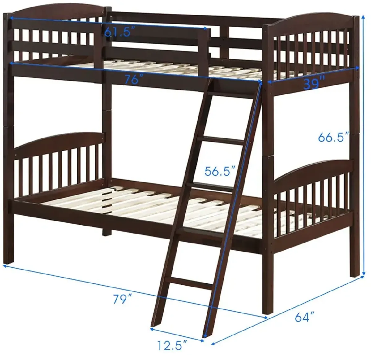 Hardwood Twin Bunk Bed Frames with Inclined Ladder and Safety Guardrails