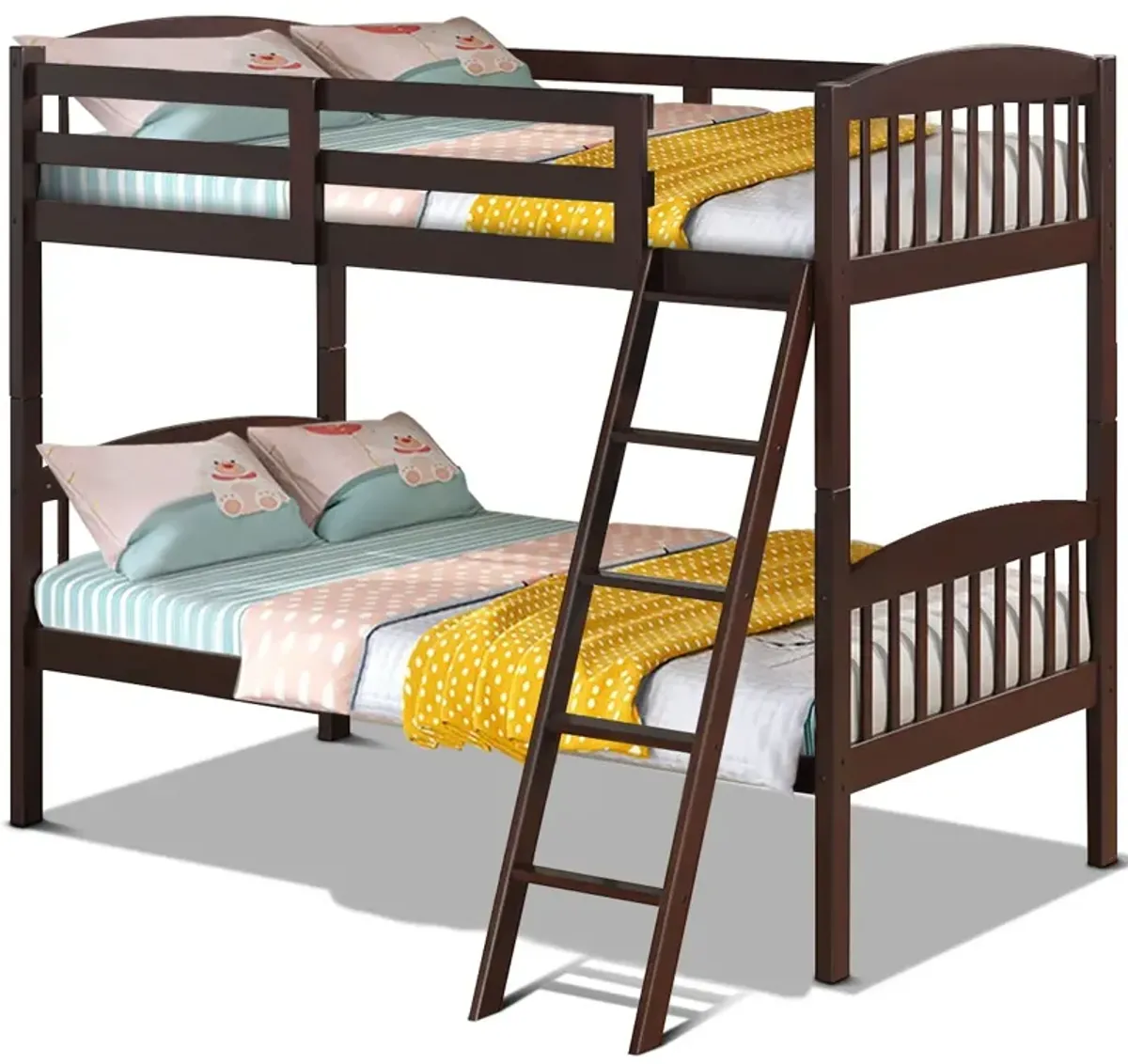 Hardwood Twin Bunk Bed Frames with Inclined Ladder and Safety Guardrails