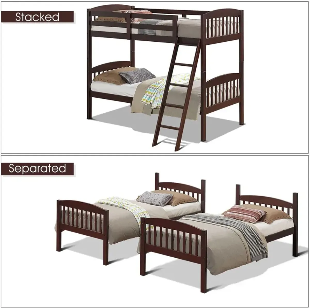 Hardwood Twin Bunk Bed Frames with Inclined Ladder and Safety Guardrails