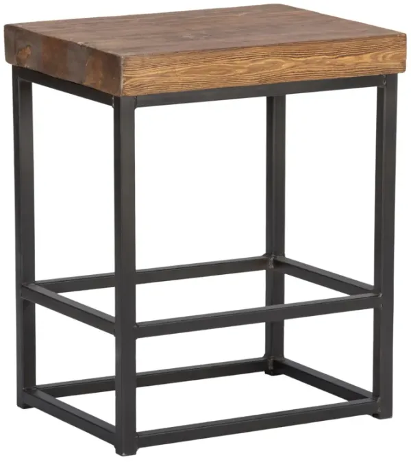 Iron Base Counter Height Stool with Pine Wood Seat, Brown and Black-Benzara