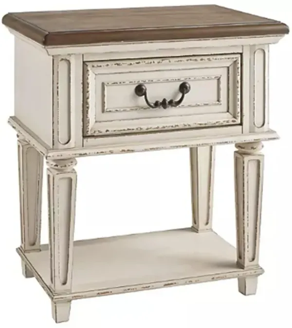 1 Drawer Wooden Frame Nightstand with Tapered Legs, Brown and Antique White-Benzara