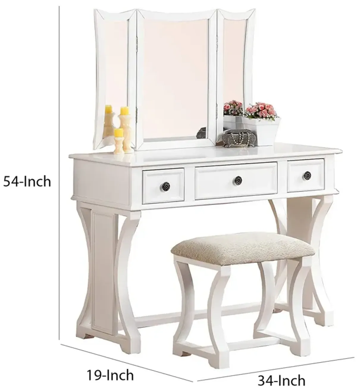 Modish Vanity Set Featuring Stool And Mirror White-Benzara