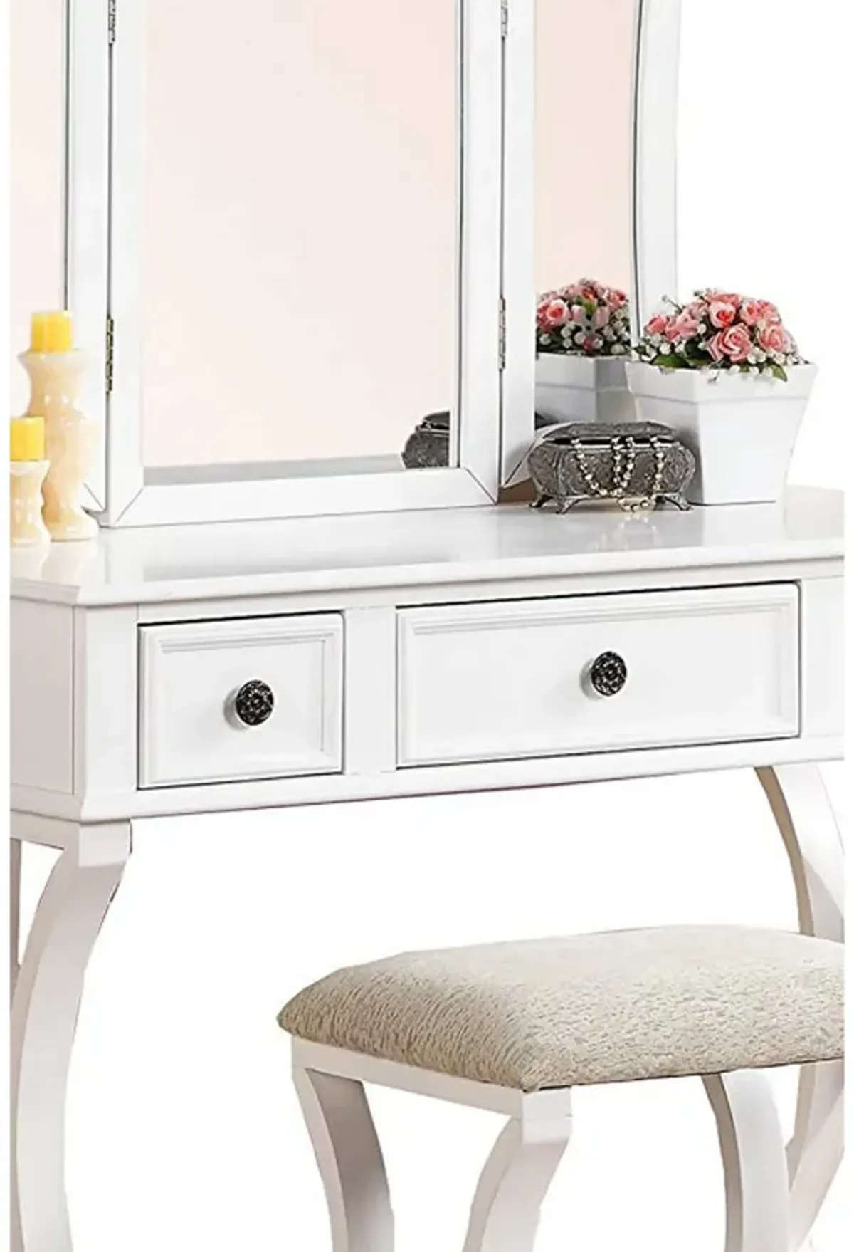 Modish Vanity Set Featuring Stool And Mirror White-Benzara