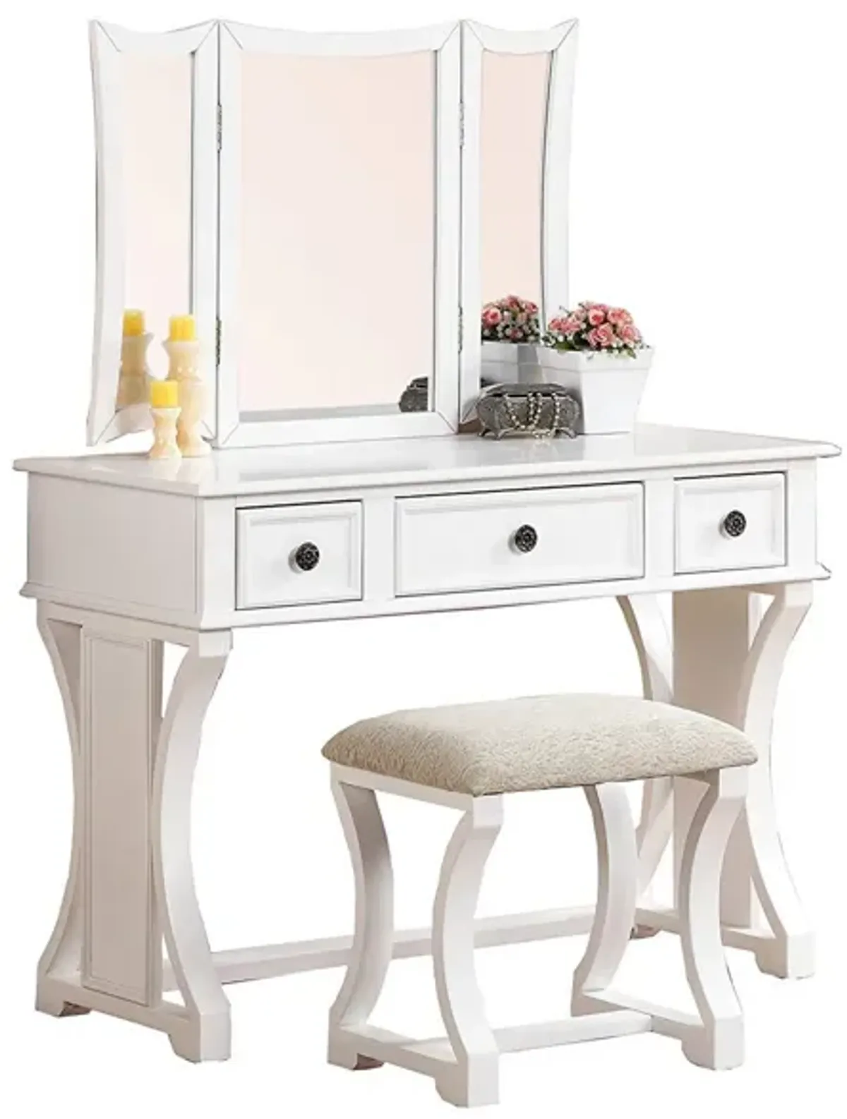 Modish Vanity Set Featuring Stool And Mirror White-Benzara