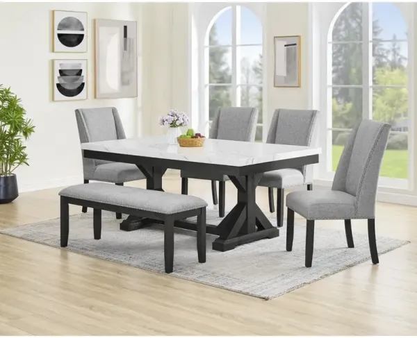 Best Quality Furniture 6Pc Fuax Marble Top Dining Set With 4 Gray Side Chairs And A Matching Bench