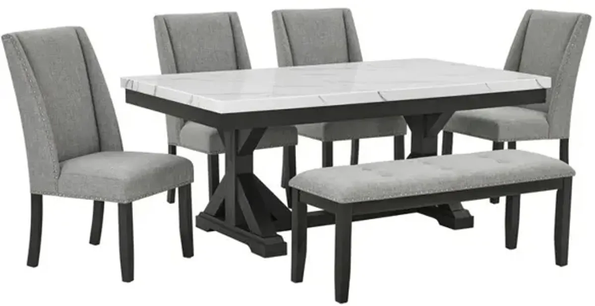 Best Quality Furniture 6Pc Fuax Marble Top Dining Set With 4 Gray Side Chairs And A Matching Bench