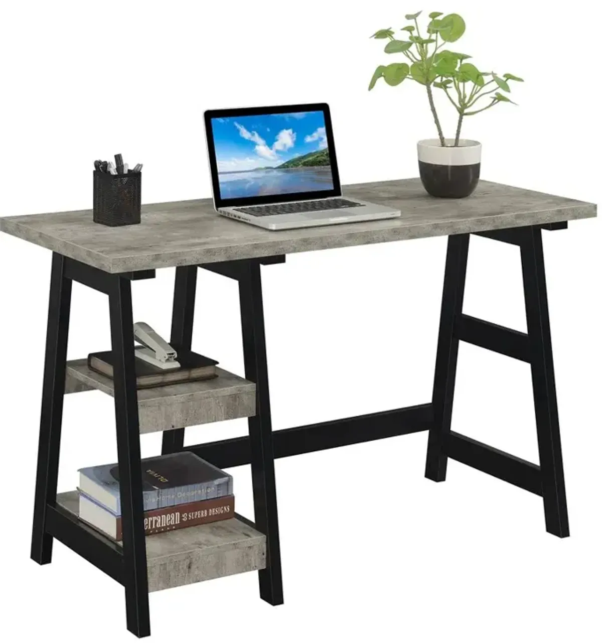 Convenience Concepts Designs2Go Trestle Desk with Shelves, Faux Birch/Black