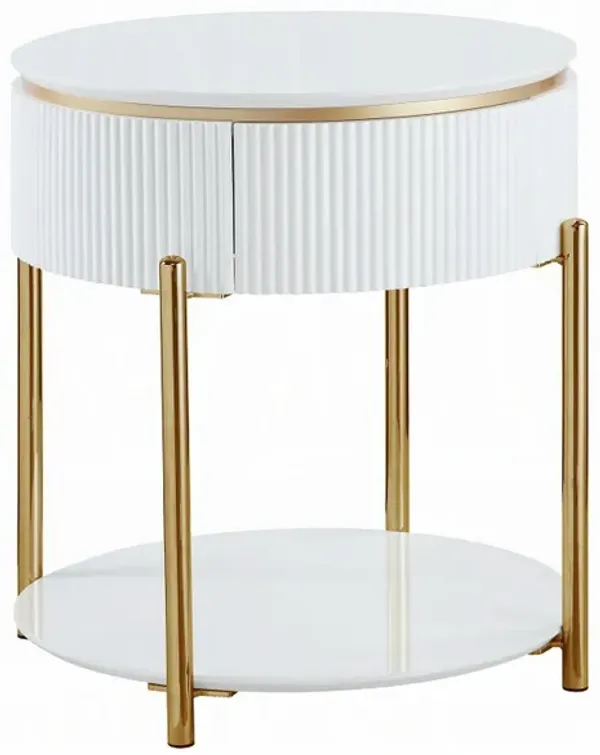 Tyce Side End Table with Drawer, 22 Inch Glossy White, Gold Metal - Benzara