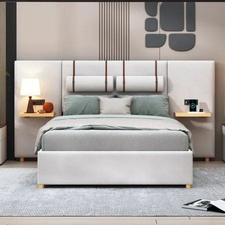 Merax Velvet Platform Bed  with Built-in Pillows