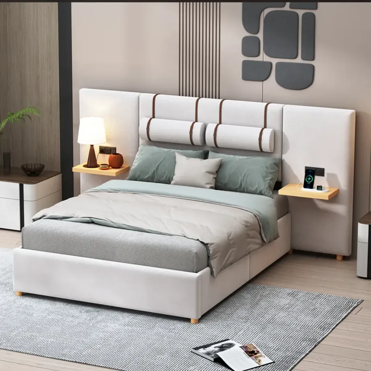 Merax Velvet Platform Bed  with Built-in Pillows