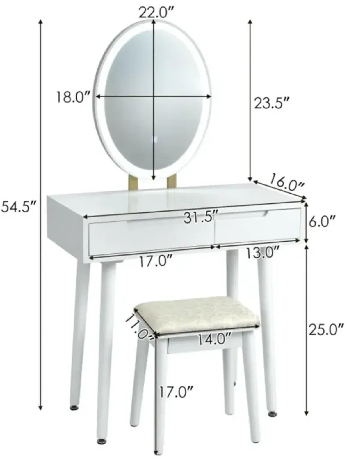 Hivvago Touch Screen Vanity Makeup Table Stool Set with Lighted Mirror