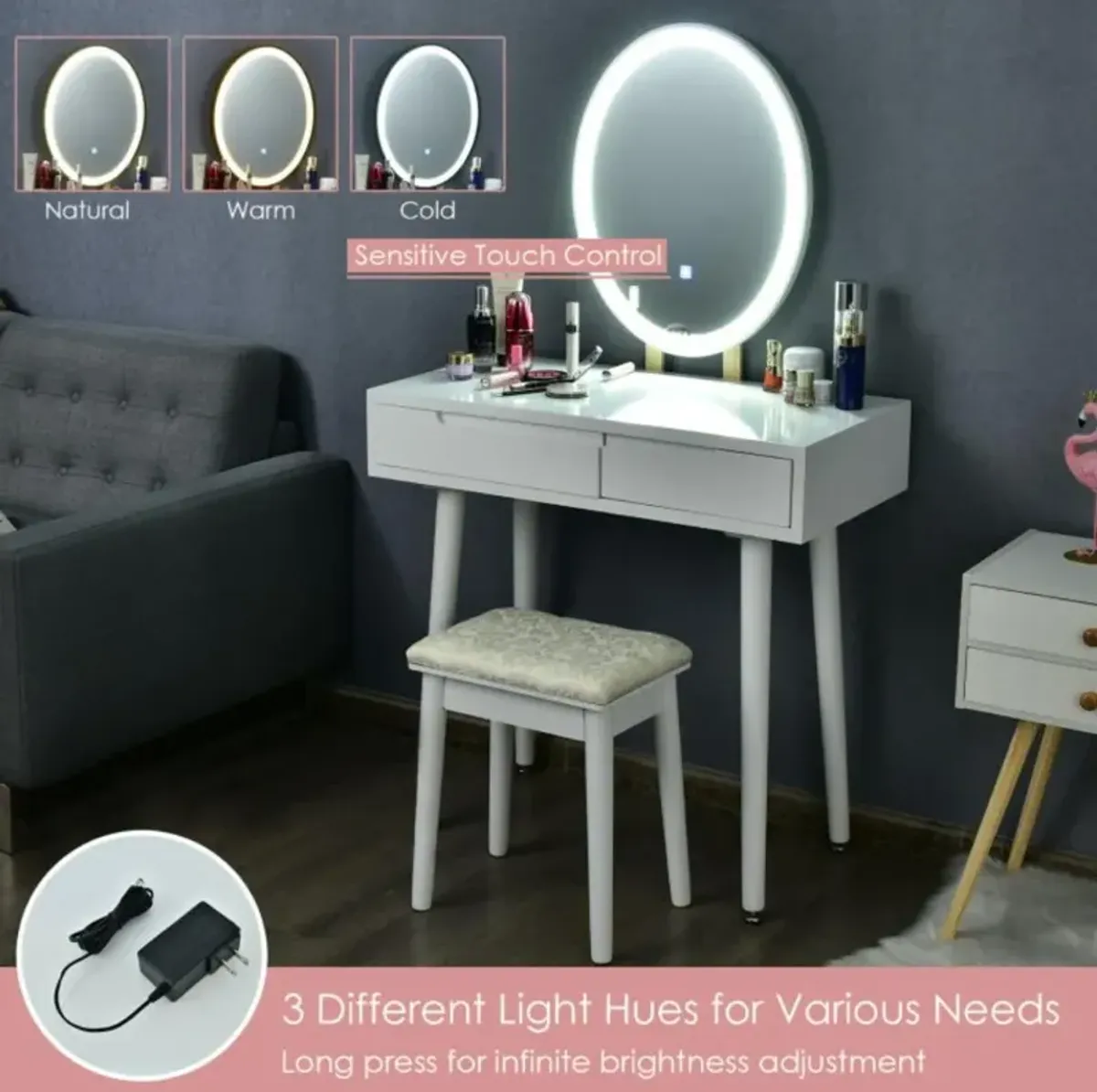 Hivvago Touch Screen Vanity Makeup Table Stool Set with Lighted Mirror