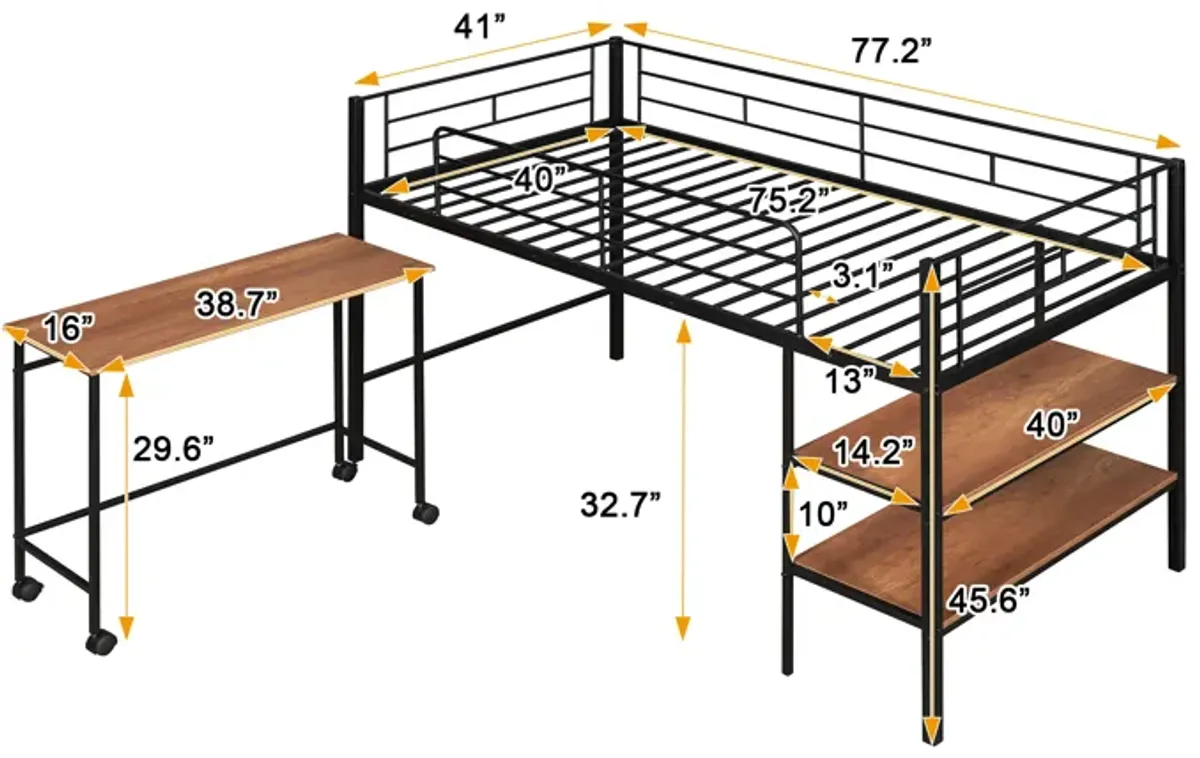 Merax Metal Loft Bed with Movable Desk and Shelves