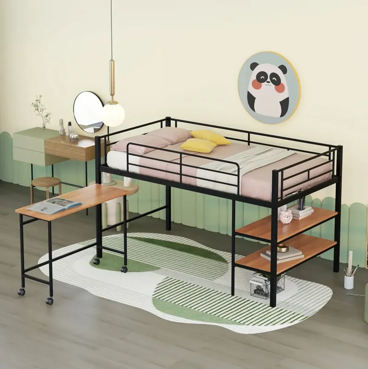 Merax Metal Loft Bed with Movable Desk and Shelves