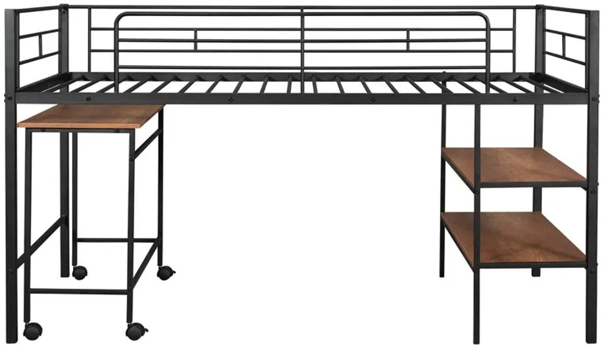 Merax Metal Loft Bed with Movable Desk and Shelves