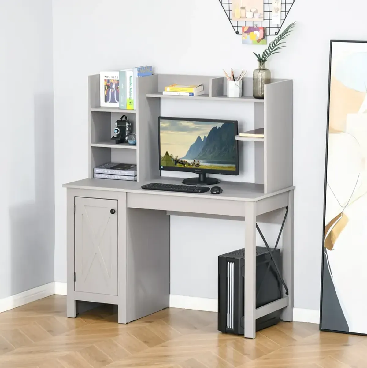 Light Grey Workstation: Computer Desk with Bookshelves and Storage