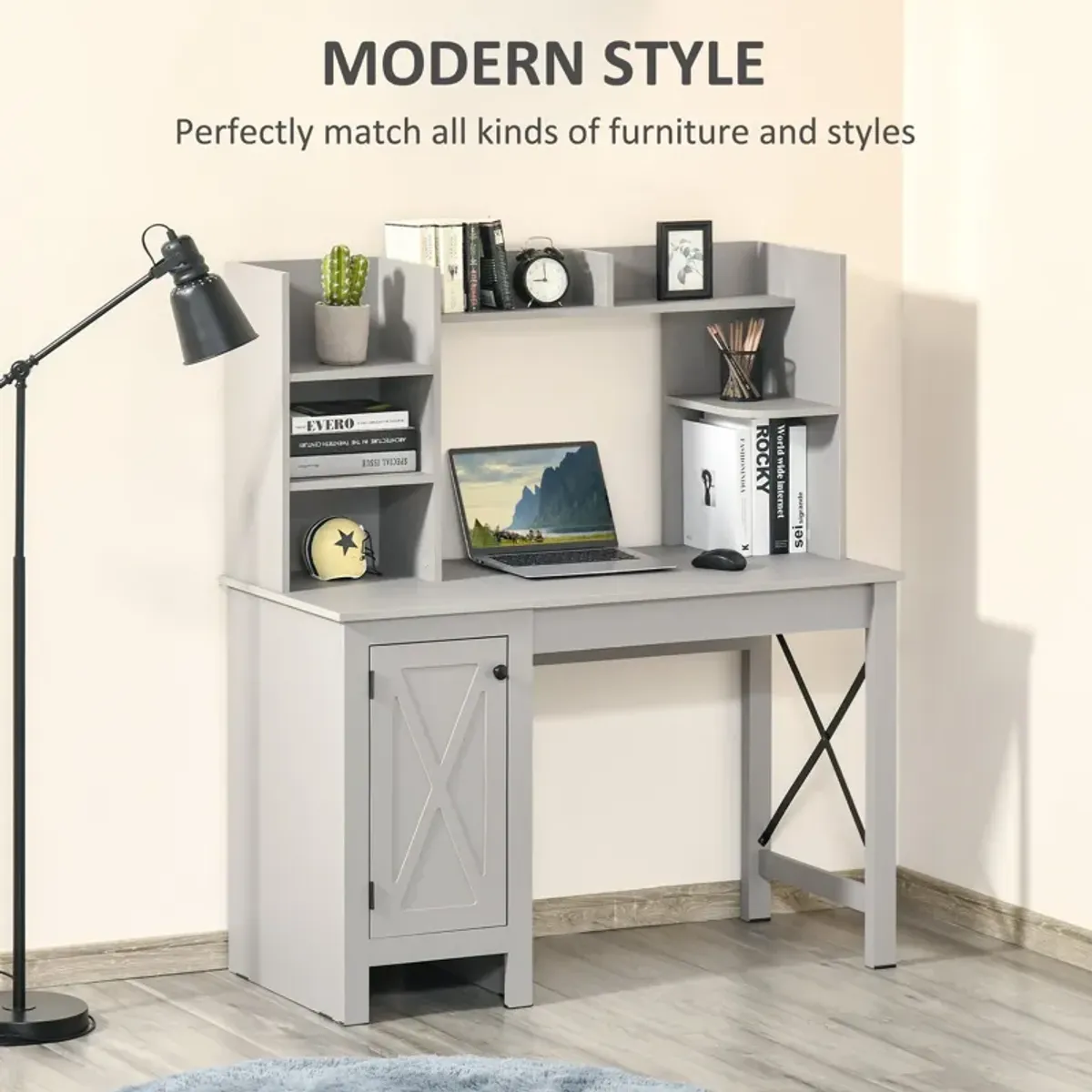 Light Grey Workstation: Computer Desk with Bookshelves and Storage