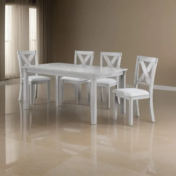 Peter 5 Piece Dining Table and Chairs Set, Wood, Fabric Upholstery, Gray - Benzara