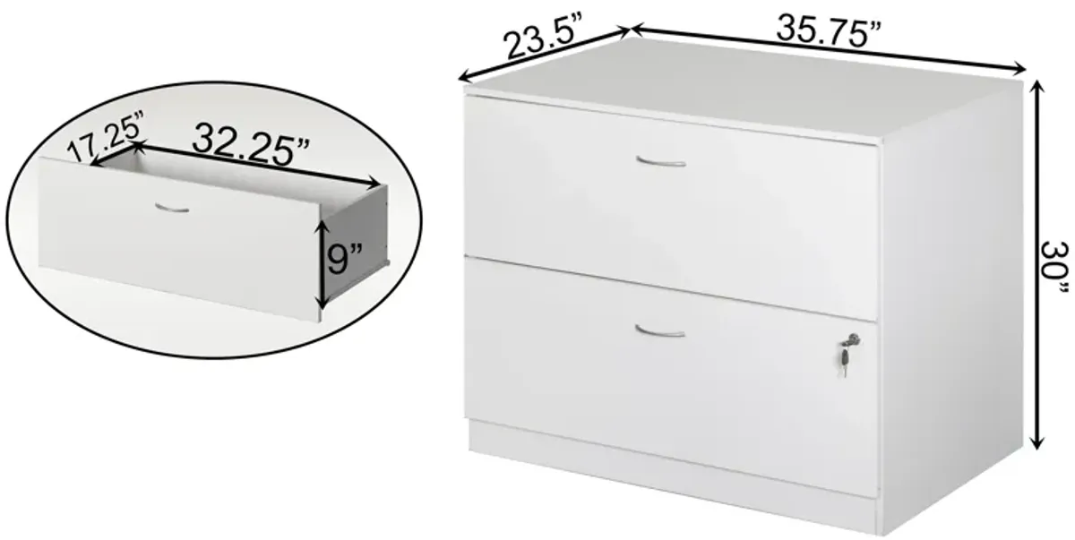 30-Inch White Wooden Lateral File Cabinet with Two Spacious Drawers, One Lockable - Suitable for Home Office, Offering Ample Space for Documents, Supplies, and Printer Stand Needs