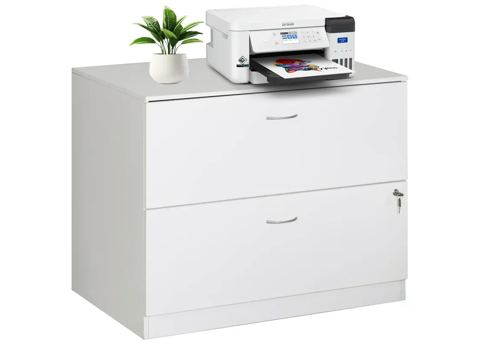 30-Inch White Wooden Lateral File Cabinet with Two Spacious Drawers, One Lockable - Suitable for Home Office, Offering Ample Space for Documents, Supplies, and Printer Stand Needs