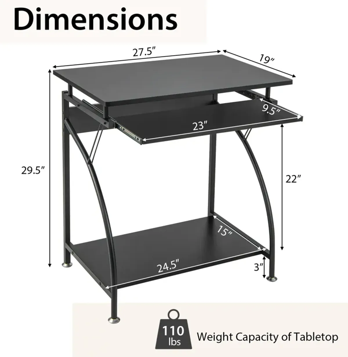 27.5 Inch Laptop Table Computer Desk for Small Spaces with Pull-out Keyboard Tray