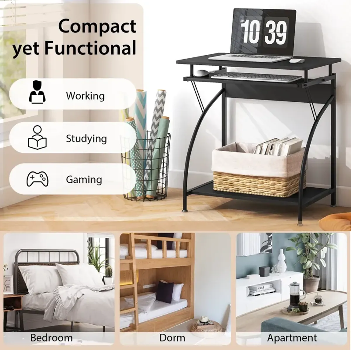 27.5 Inch Laptop Table Computer Desk for Small Spaces with Pull-out Keyboard Tray