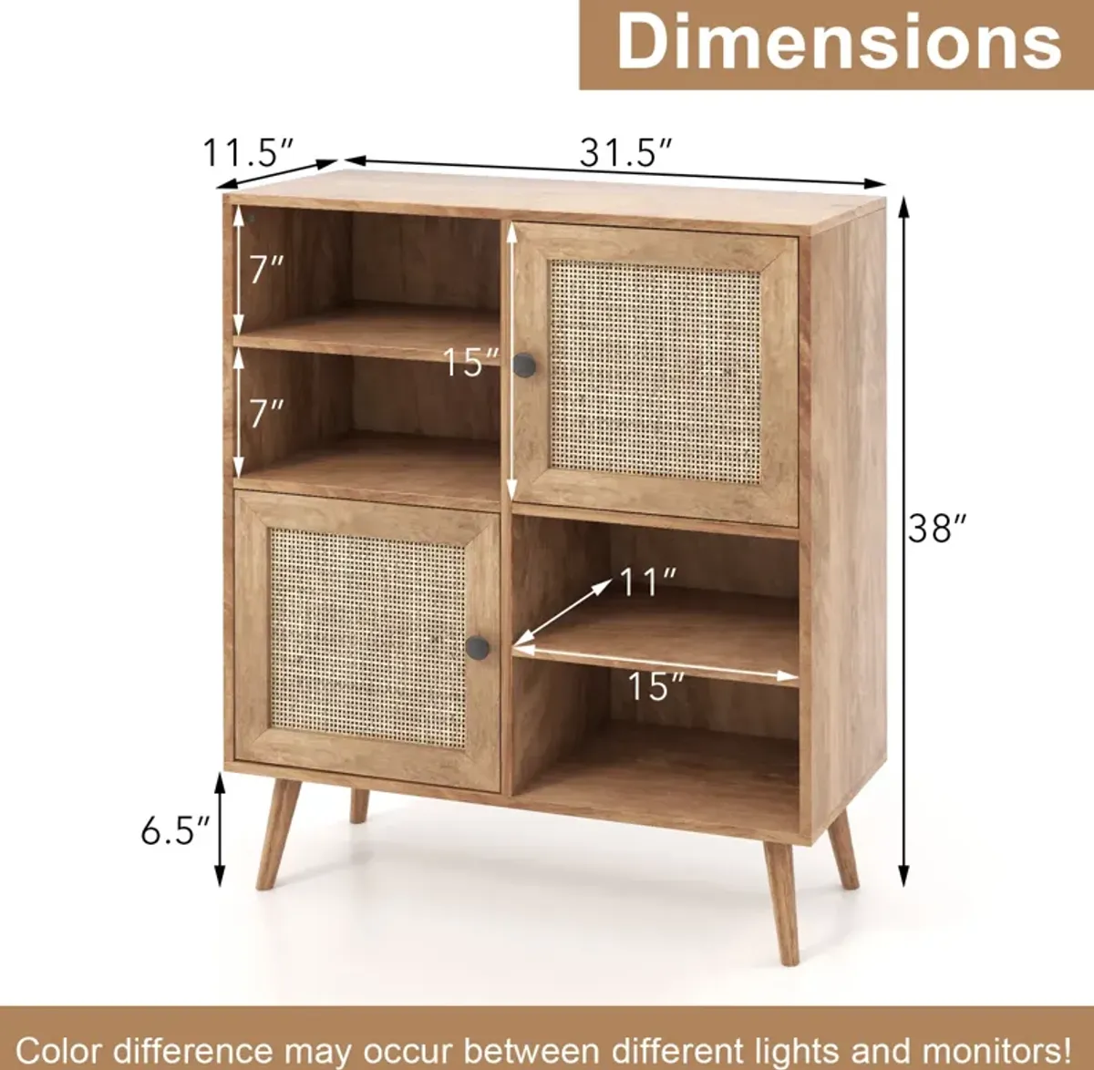 Rattan Buffet Cabinet with 2 Doors and 2 Cubbies-Natural