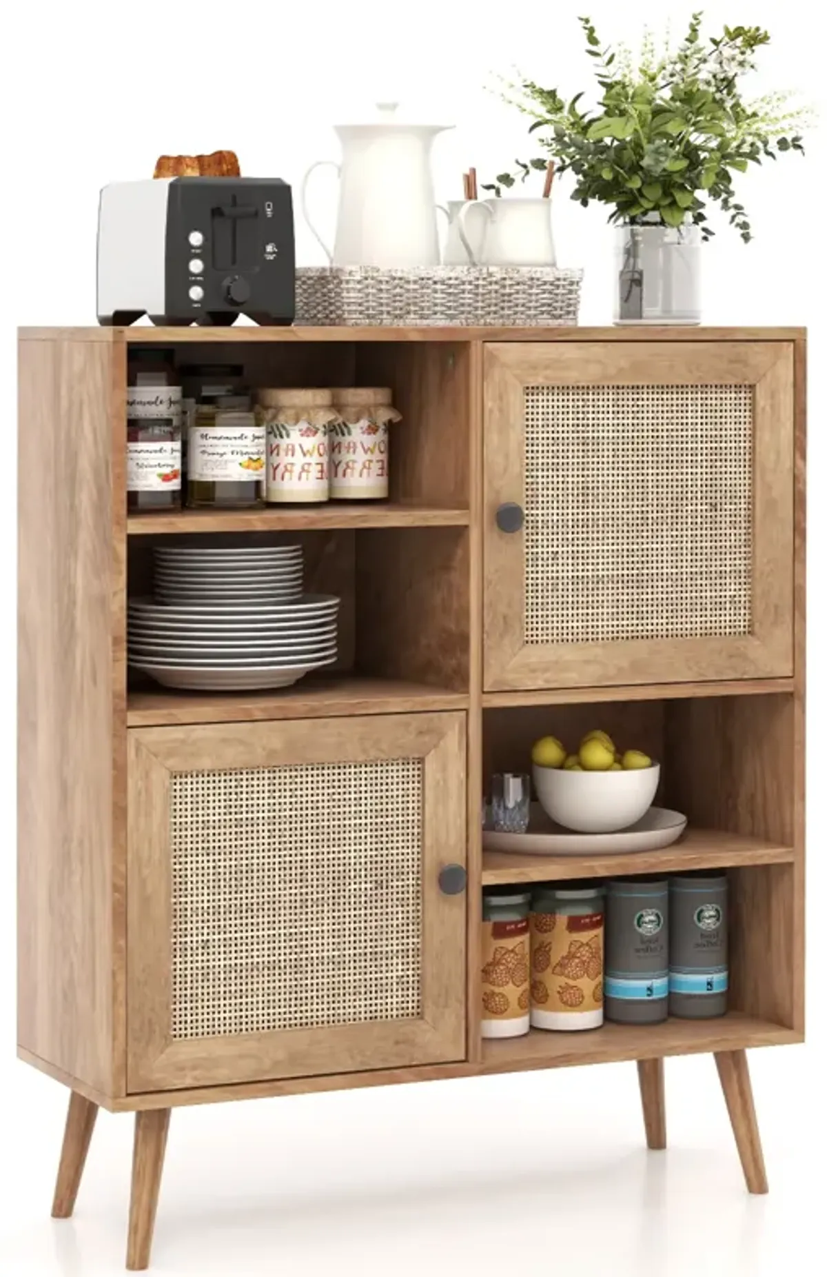 Rattan Buffet Cabinet with 2 Doors and 2 Cubbies-Natural