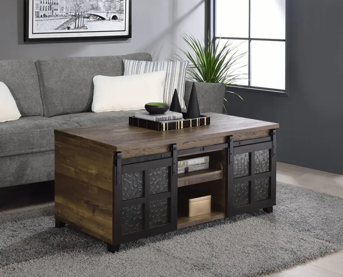 ACME Nineel Coffee Table, Obscure Glass, Rustic Oak & Black Finish