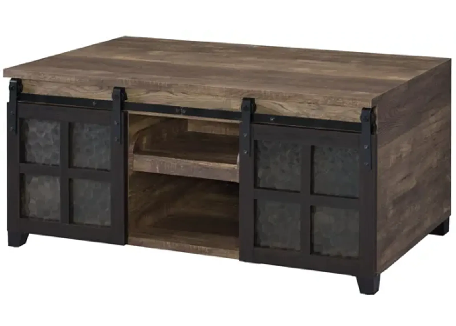 ACME Nineel Coffee Table, Obscure Glass, Rustic Oak & Black Finish