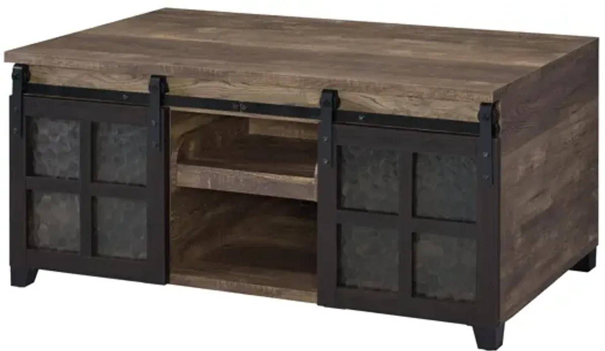 ACME Nineel Coffee Table, Obscure Glass, Rustic Oak & Black Finish