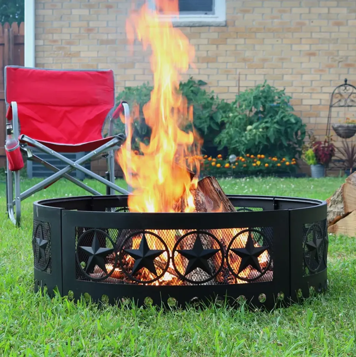 Sunnydaze 36 in Four-Star Cut-Out Wood Burning Fire Pit Ring with Poker