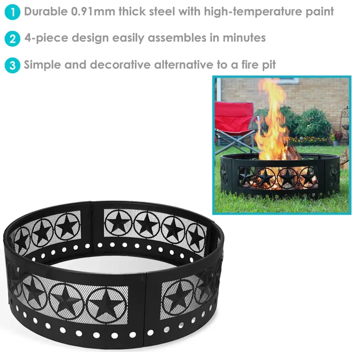 Sunnydaze 36 in Four-Star Cut-Out Wood Burning Fire Pit Ring with Poker