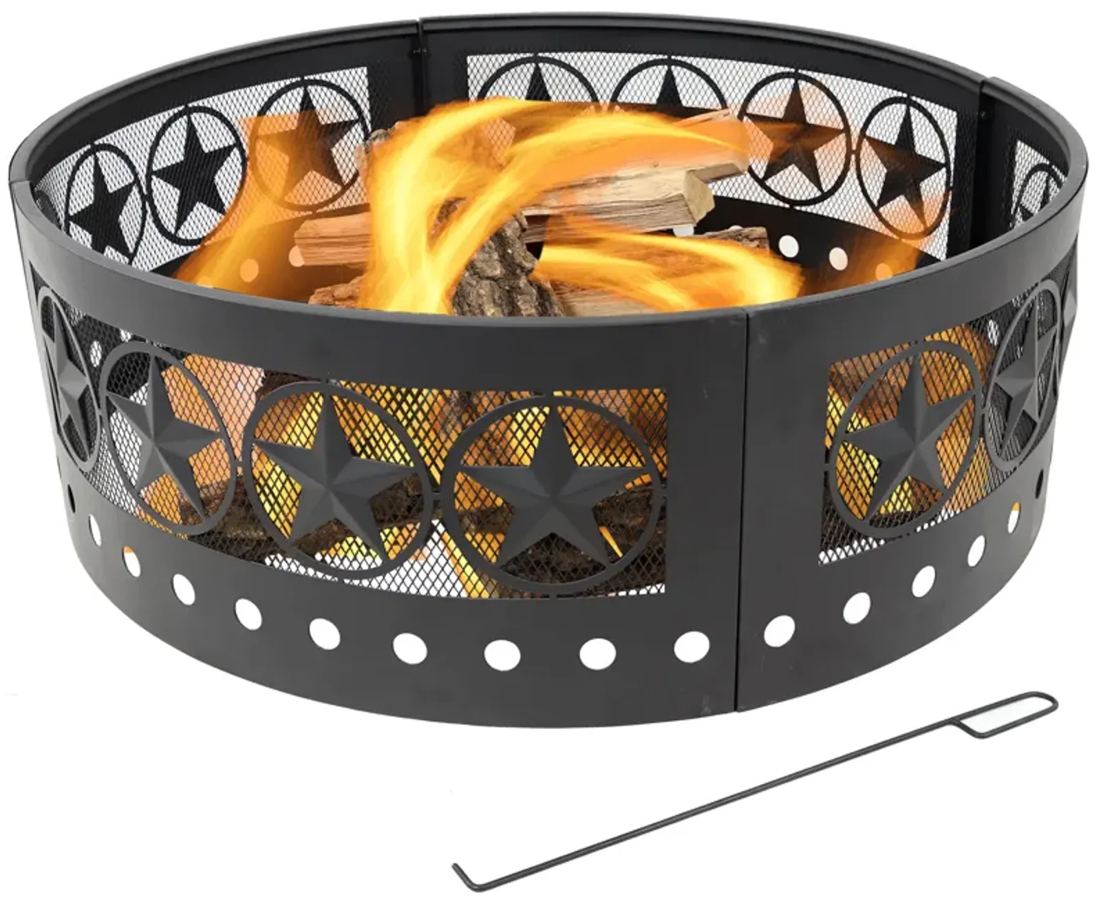 Sunnydaze 36 in Four-Star Cut-Out Wood Burning Fire Pit Ring with Poker