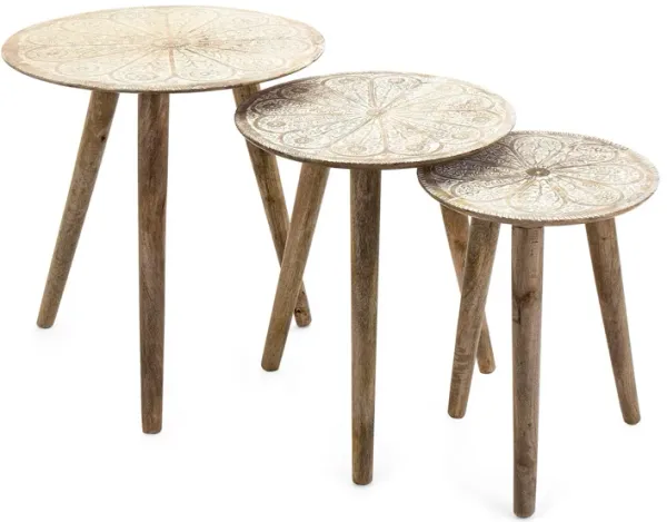 25, 22, 19 Inch 3 Piece Nesting Tables, Mango Wood, Splayed Legs, Natural - Benzara