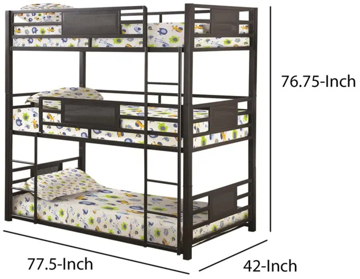 Metal Triple Bunk Bed with Built in Ladder, Bronze-Benzara