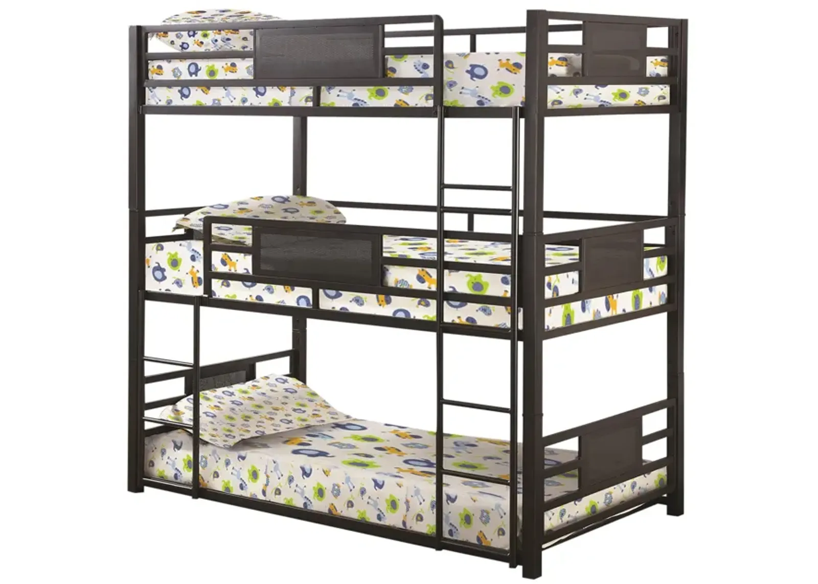 Metal Triple Bunk Bed with Built in Ladder, Bronze-Benzara