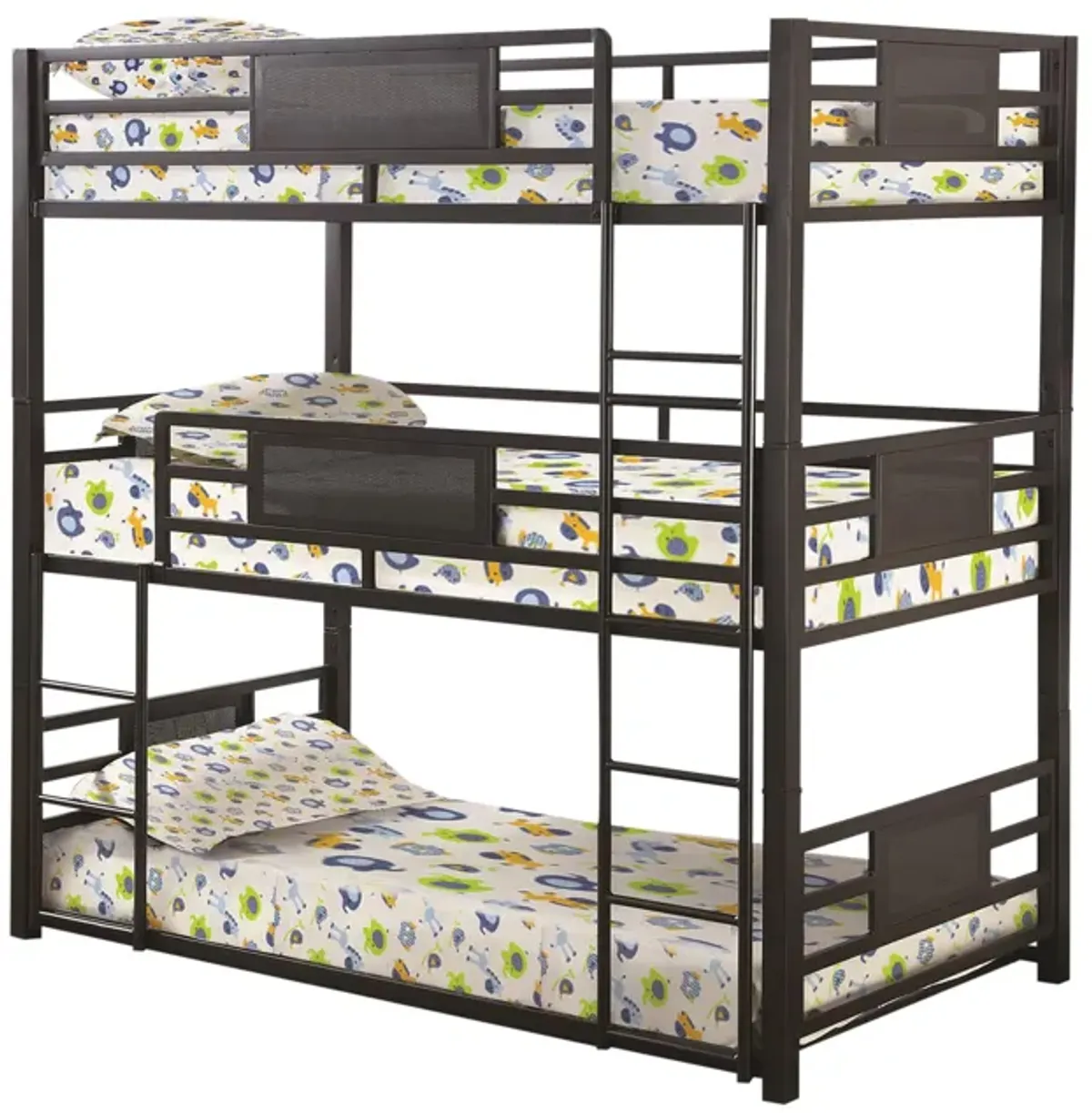 Metal Triple Bunk Bed with Built in Ladder, Bronze-Benzara