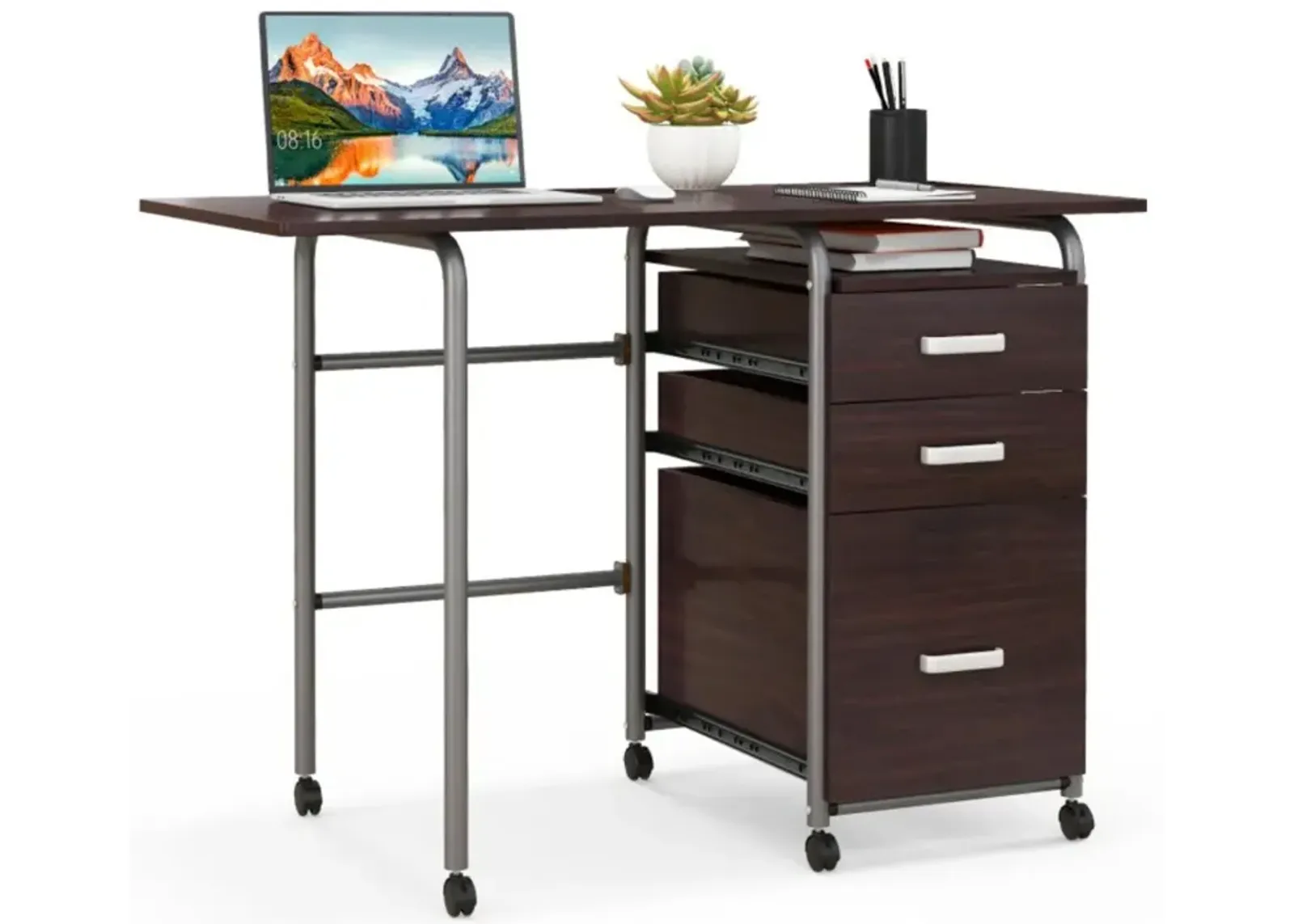 Hivvago Home Office Folding Computer Laptop Desk Wheeled with 3 Drawers