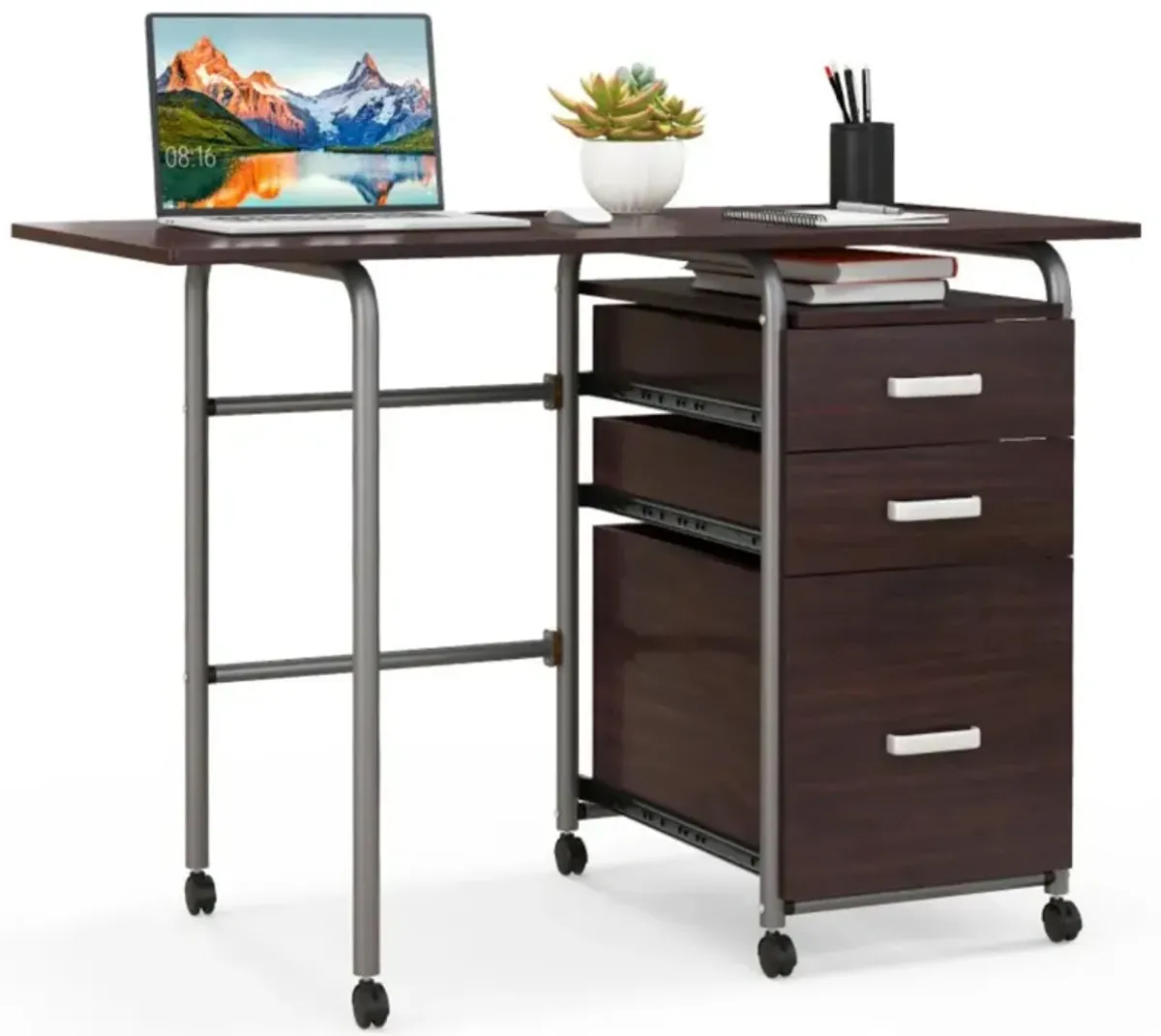 Hivvago Home Office Folding Computer Laptop Desk Wheeled with 3 Drawers