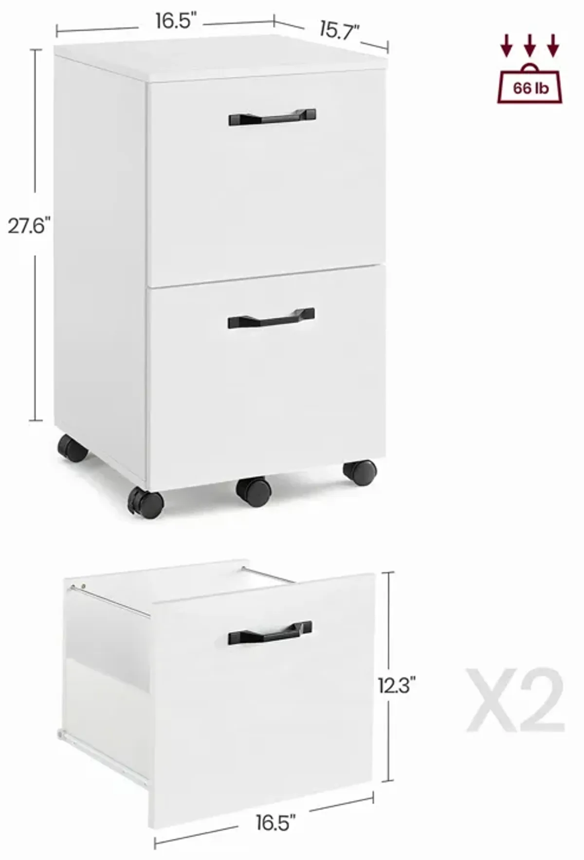 Rolling File Cabinet with 2 Drawers for A4 and Letter-Sized Documents