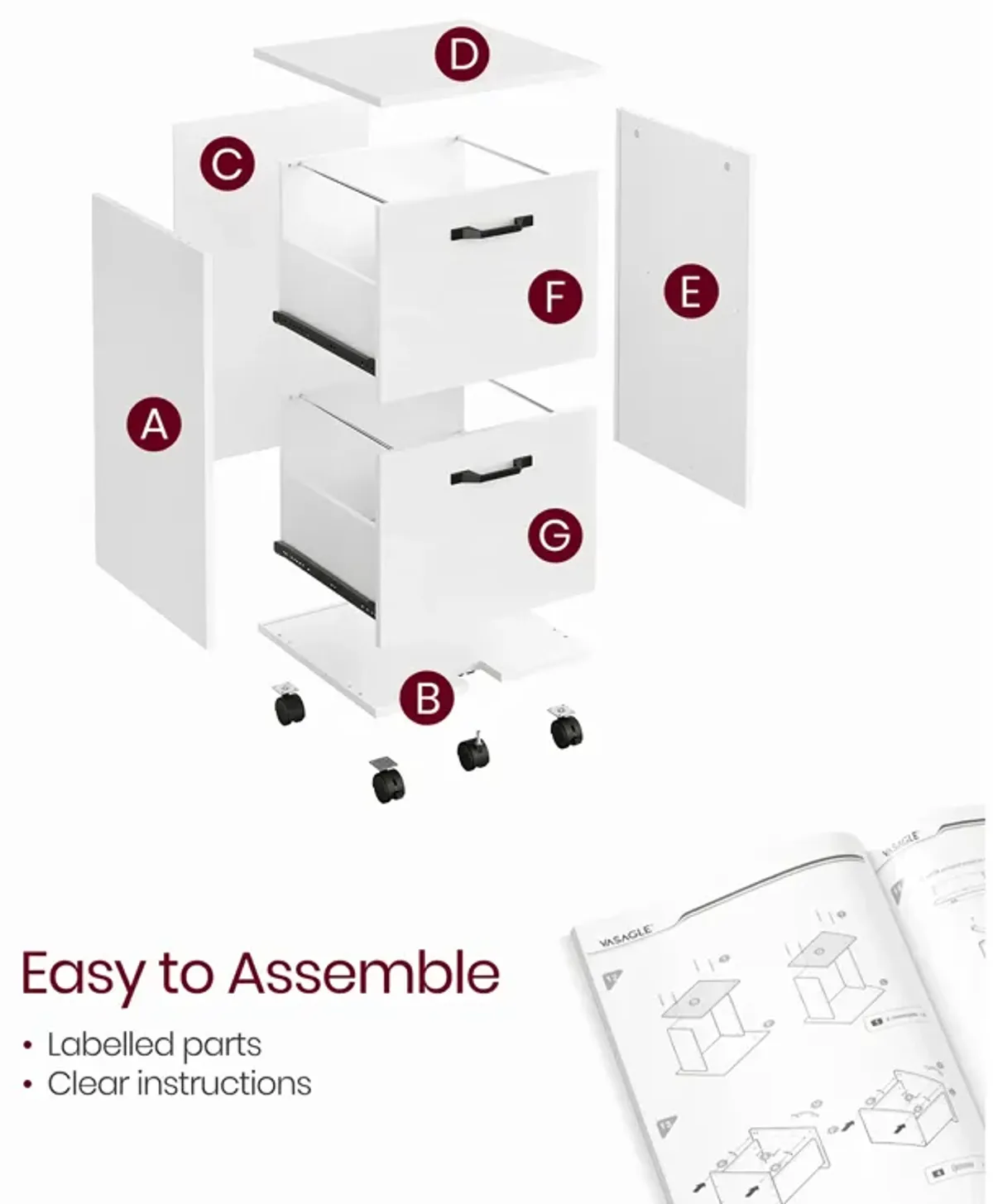 Rolling File Cabinet with 2 Drawers for A4 and Letter-Sized Documents