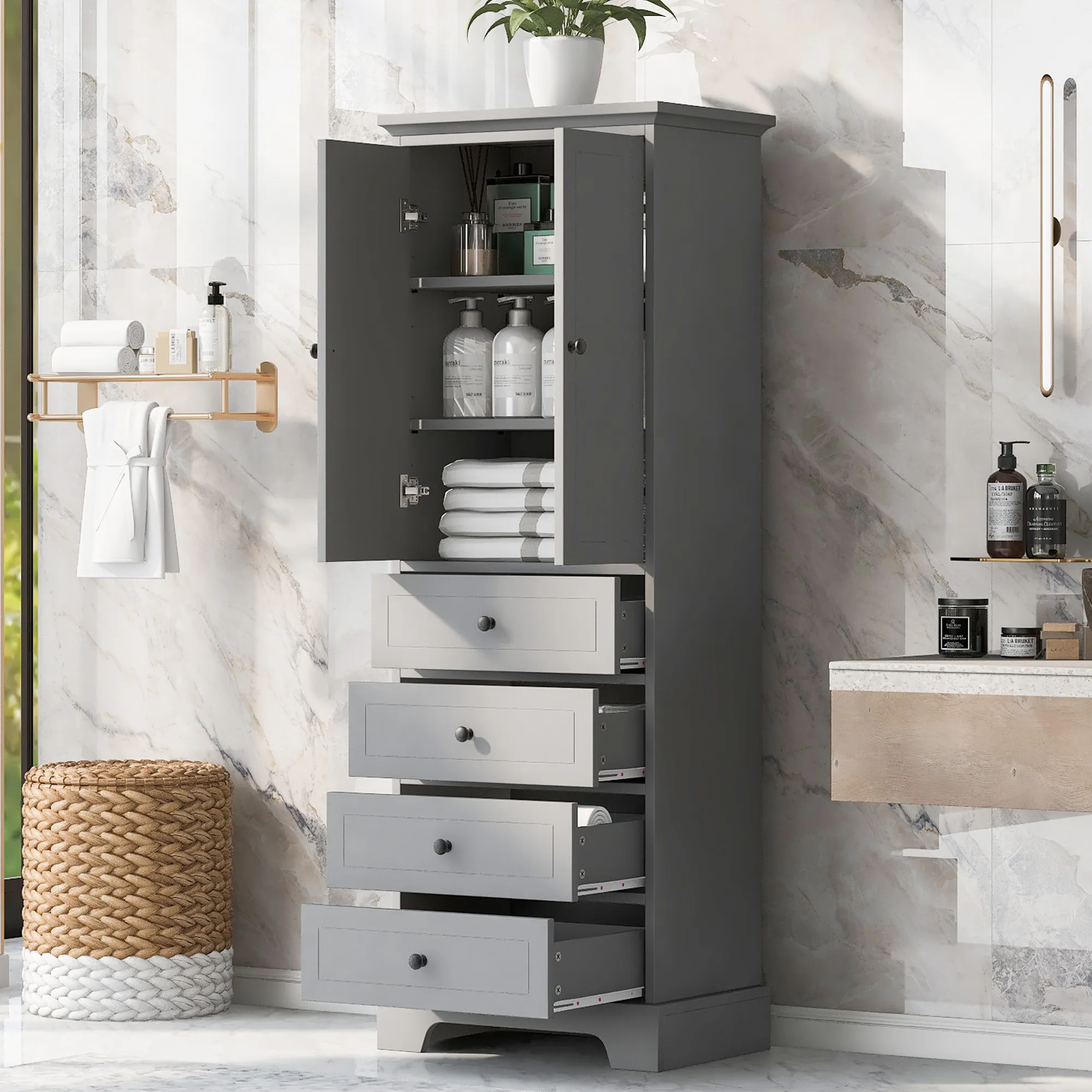 Merax Modern Bathroom Storage Cabinet with 2 Doors and 4 Drawers