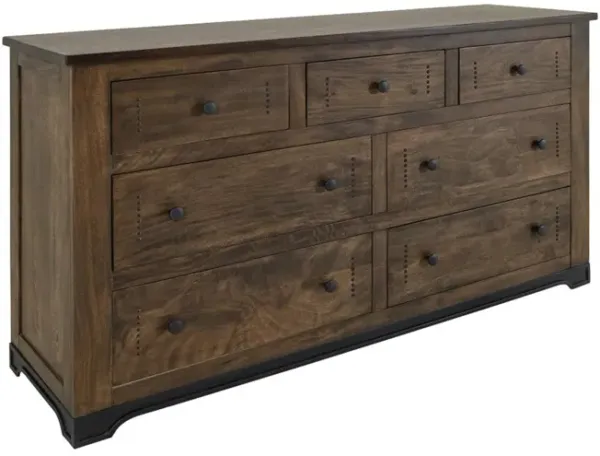 Linaa Wide Dresser, 7 Drawers, Barrel Brown Wood, Classic Knob Handles - Benzara