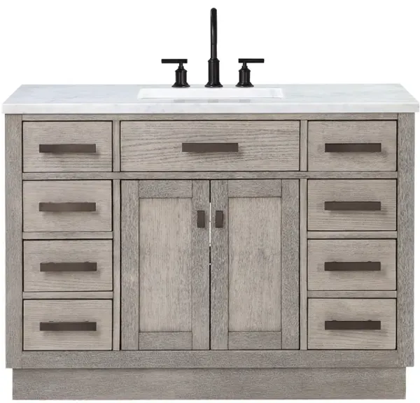 Chestnut 48 In. Single Sink Carrara White Marble Countertop Bath Vanity In Grey Oak with Oil Rubbed Bronze Hardware
