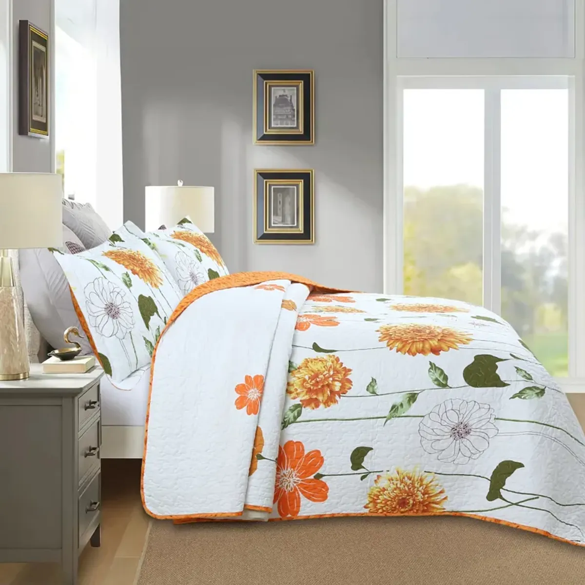 Marcielo 3 Piece 100% Cotton Printed Floral Reversible Quilt Bedspread Set