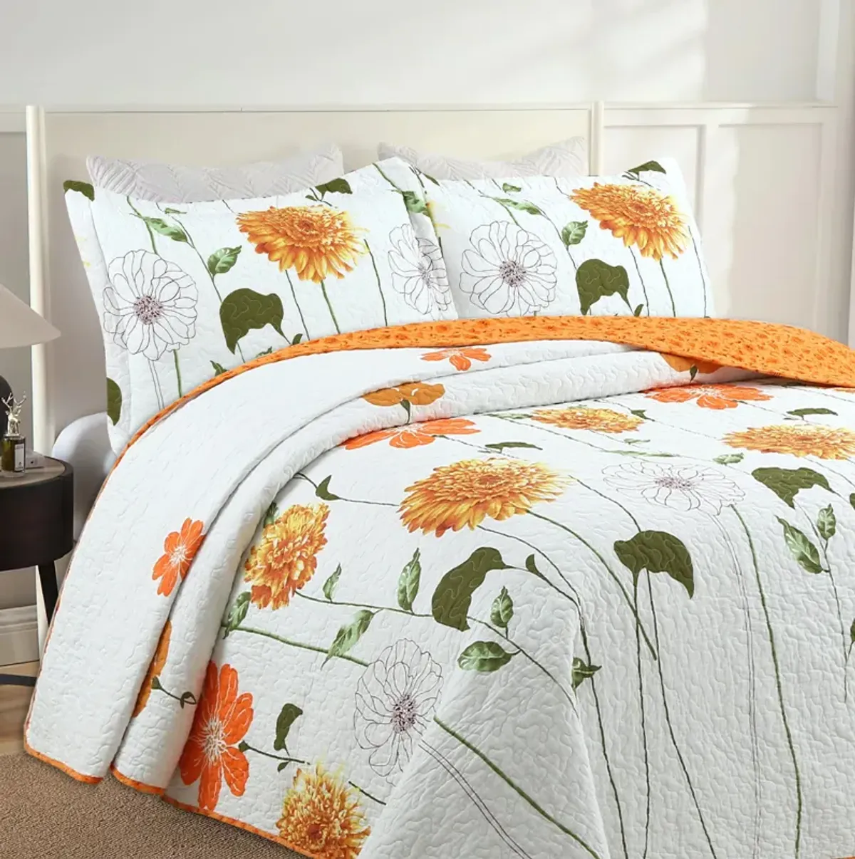 Marcielo 3 Piece 100% Cotton Printed Floral Reversible Quilt Bedspread Set