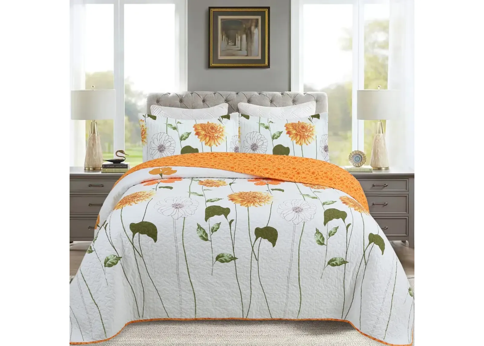 Marcielo 3 Piece 100% Cotton Printed Floral Reversible Quilt Bedspread Set